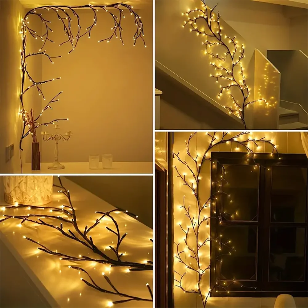 Warm White LED Willow Vine Lights – USB or Solar, 72/96 LEDs