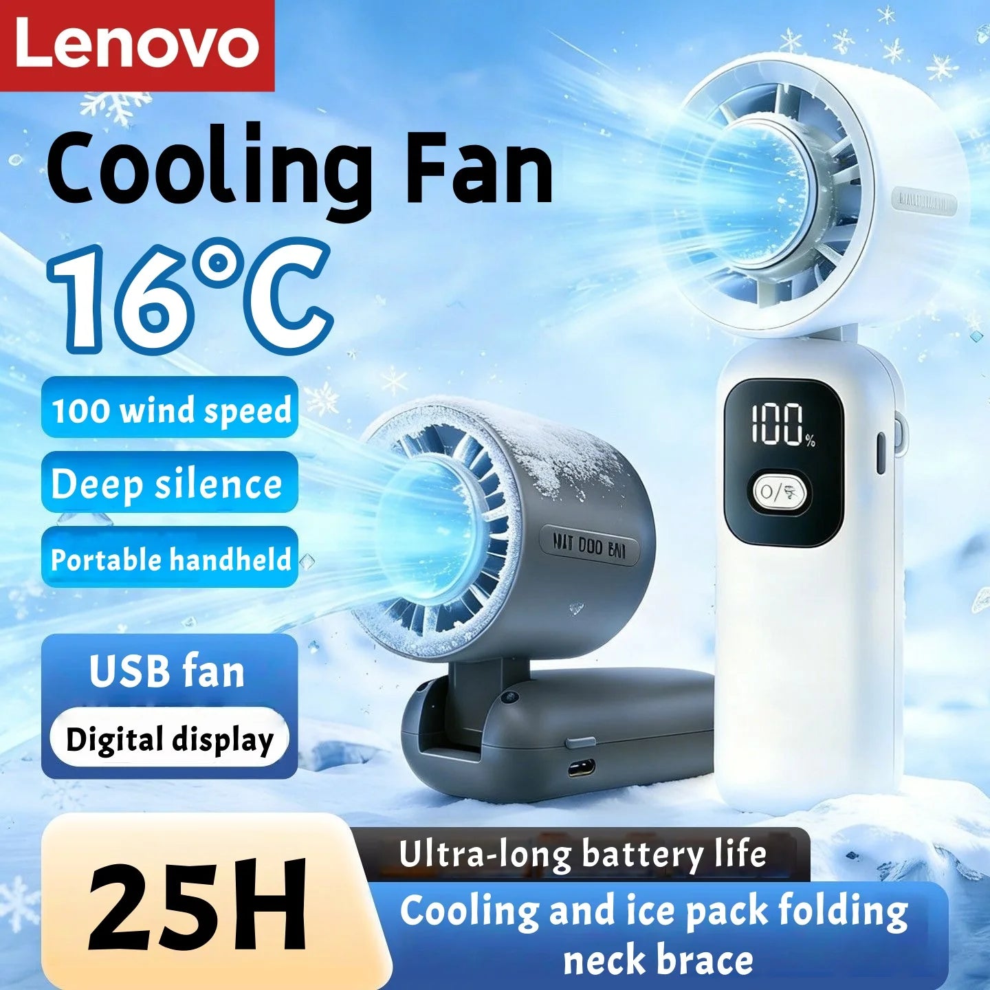 Lenovo Portable Fan – 100 Speeds, Foldable, Digital Display, USB-C Rechargeable