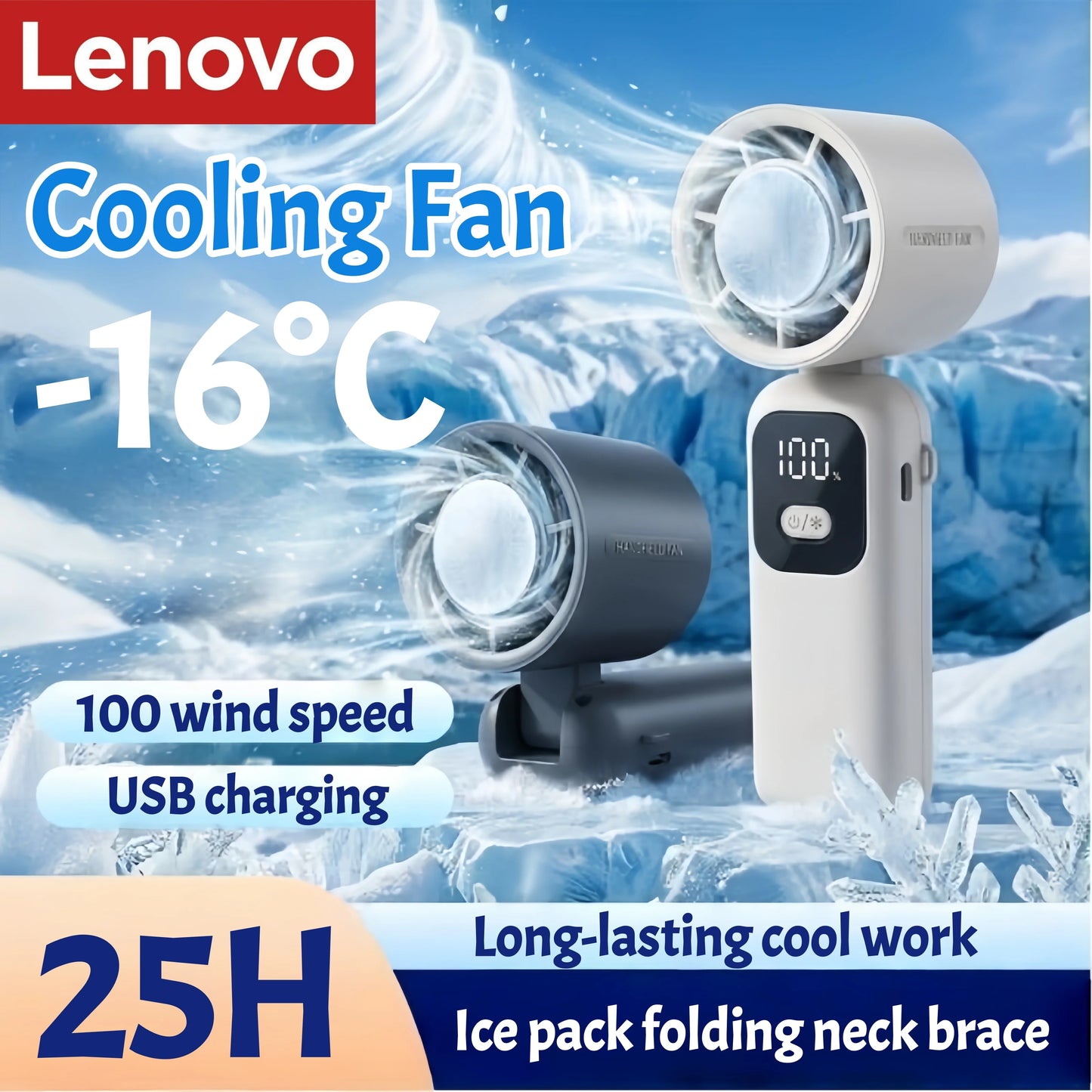 Lenovo Portable Fan – 100 Speeds, Foldable, Digital Display, USB-C Rechargeable