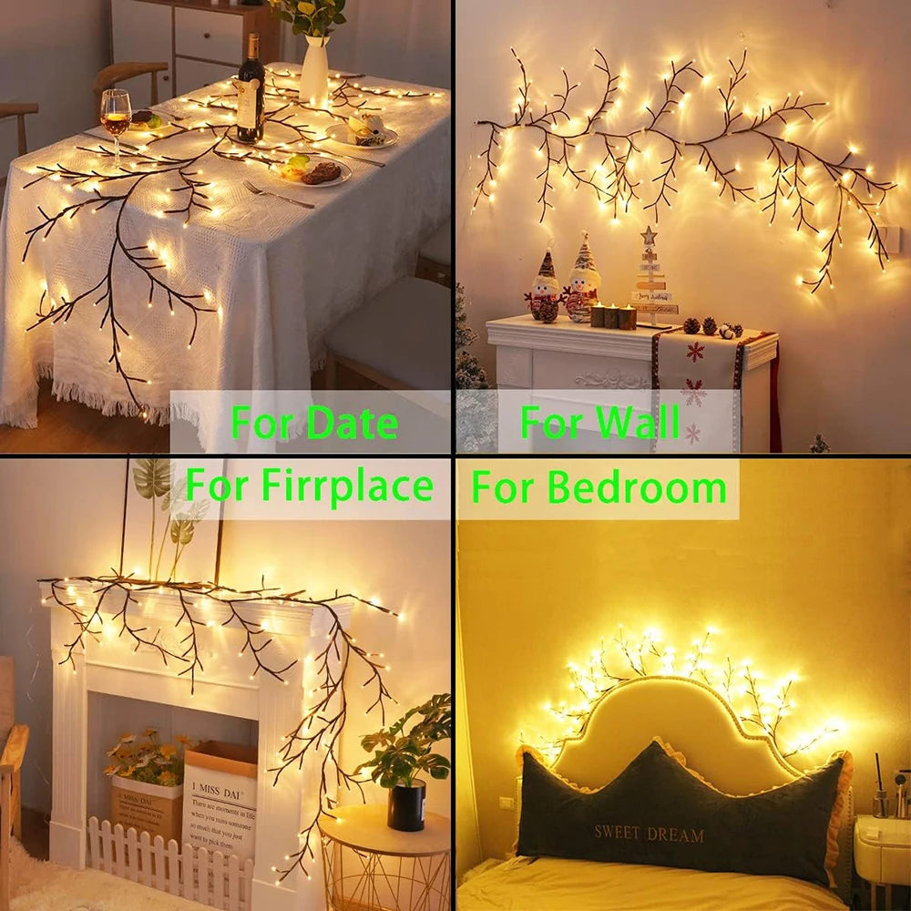 Warm White LED Willow Vine Lights – USB or Solar, 72/96 LEDs