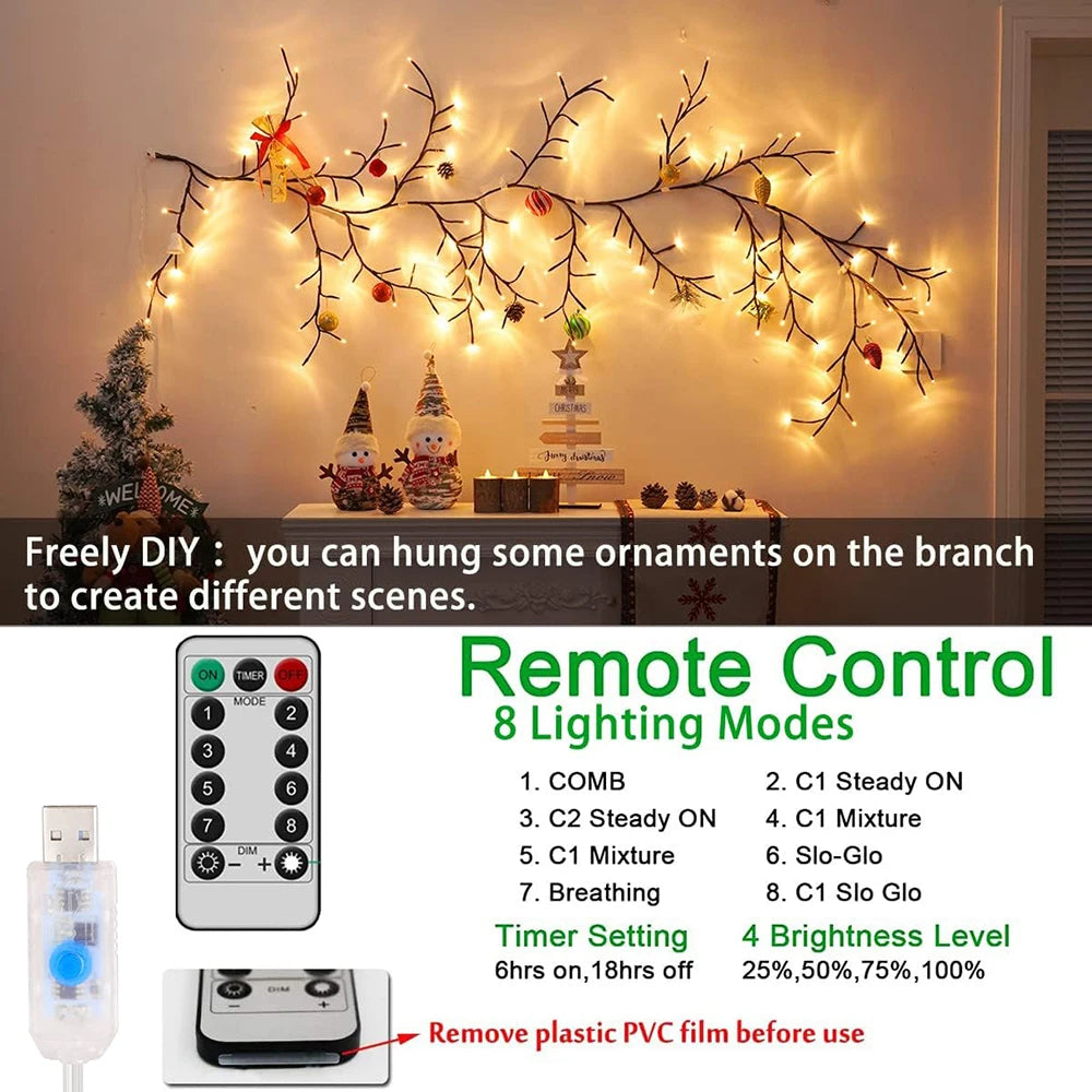 Warm White LED Willow Vine Lights – USB or Solar, 72/96 LEDs