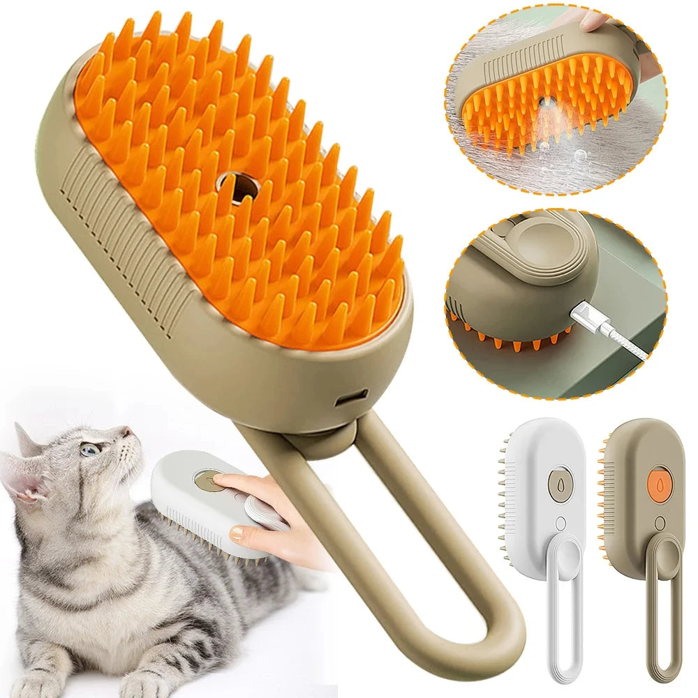 3-in-1 Cat Steam Brush – Electric Grooming, Massage & Hair Remover