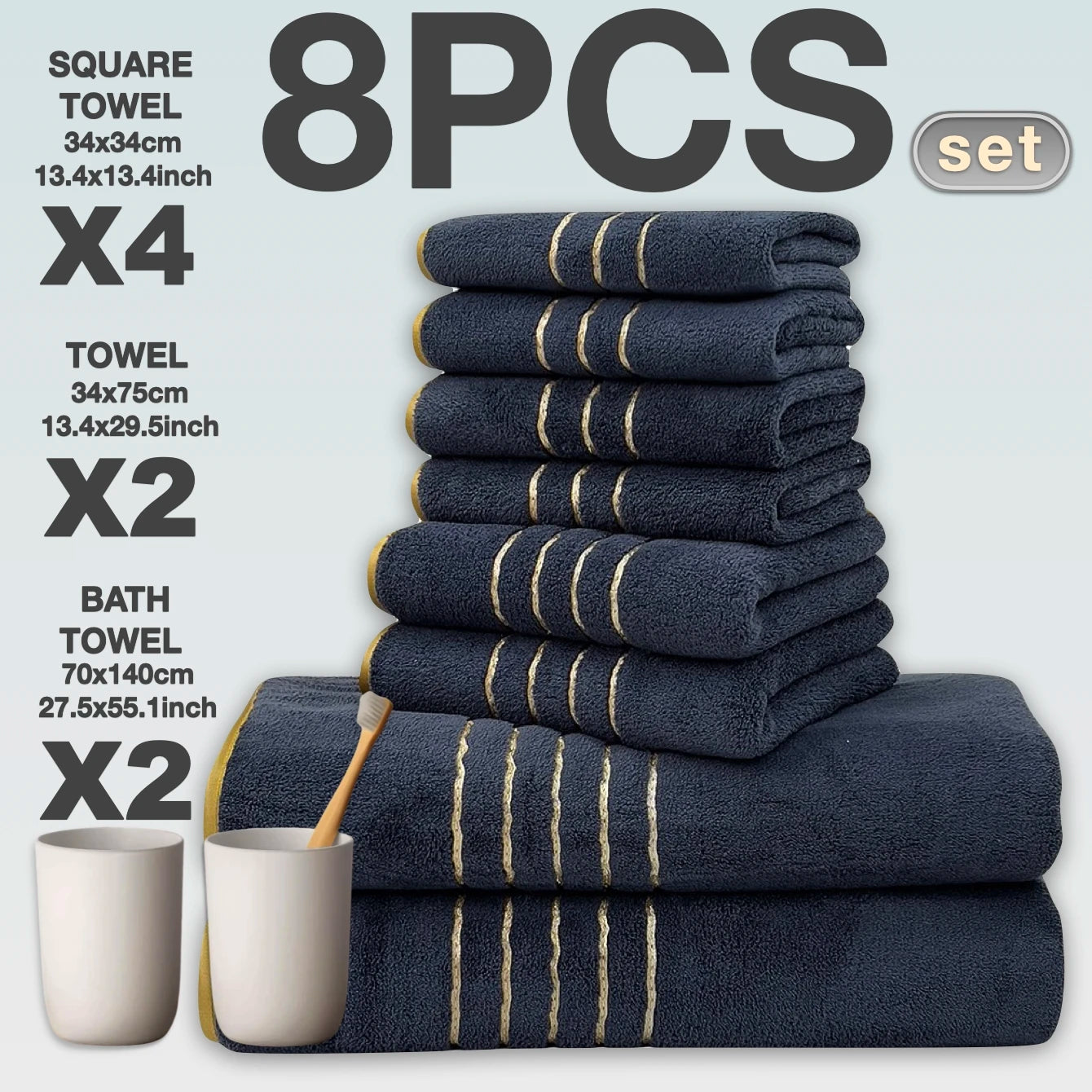 Premium Bath Towel Set – Soft & Absorbent, White, Grey & Dark Blue, 2/3/6/8 Pcs