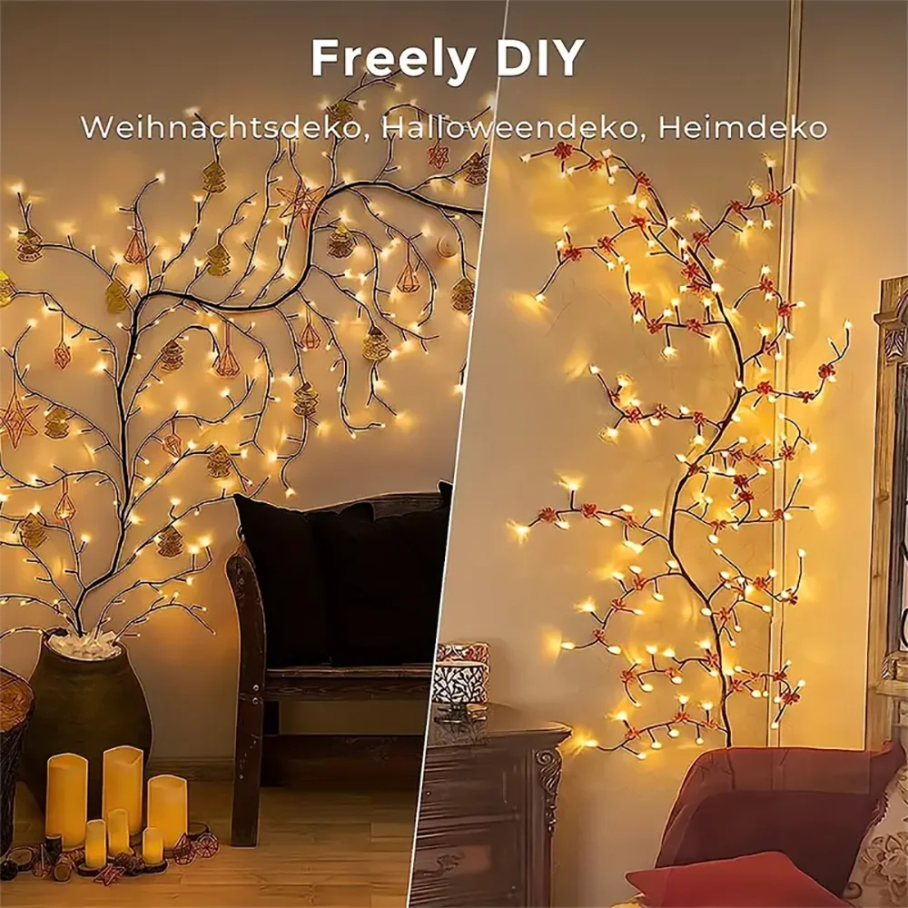 Warm White LED Willow Vine Lights – USB or Solar, 72/96 LEDs