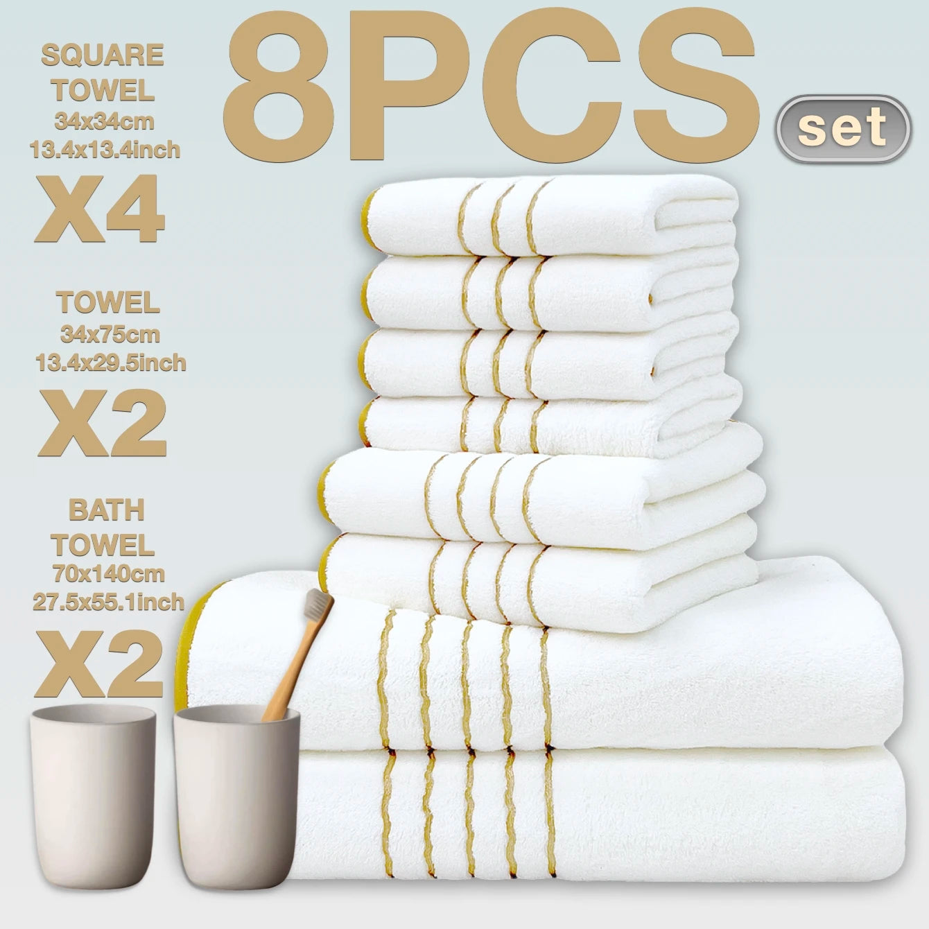 Premium Bath Towel Set – Soft & Absorbent, White, Grey & Dark Blue, 2/3/6/8 Pcs