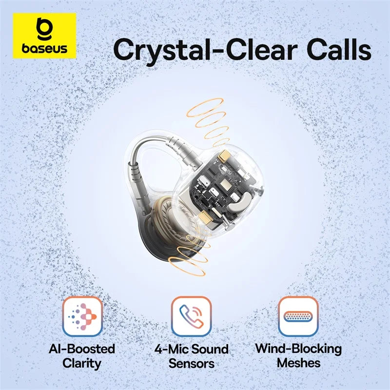 Baseus Bass BC1 Open-Ear Clip-On Earbuds – Bluetooth 6.0, 38H Battery, IP55
