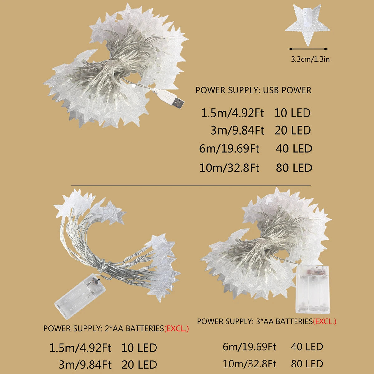 LED Star Fairy String Lights – USB or Battery, 1.5–10 m
