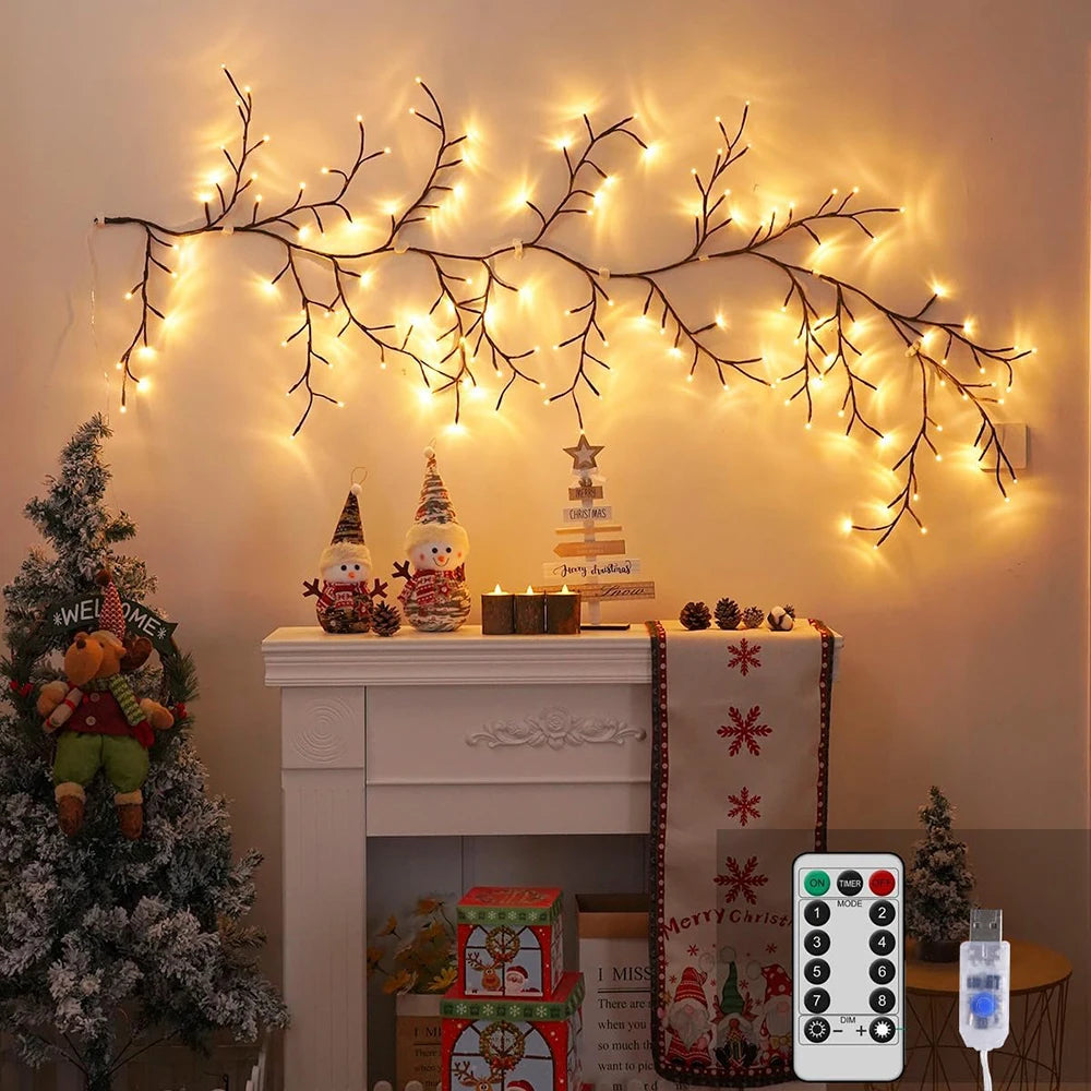 Warm White LED Willow Vine Lights – USB or Solar, 72/96 LEDs