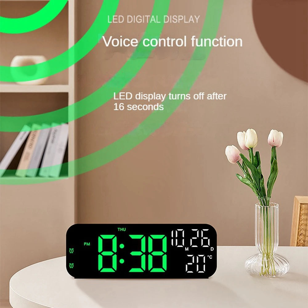 Digital Alarm Clock – Voice Control, Temperature & Date Display, 3 Brightness Levels, USB