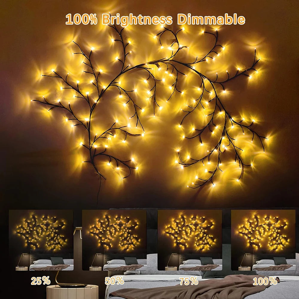 Warm White LED Willow Vine Lights – USB or Solar, 72/96 LEDs