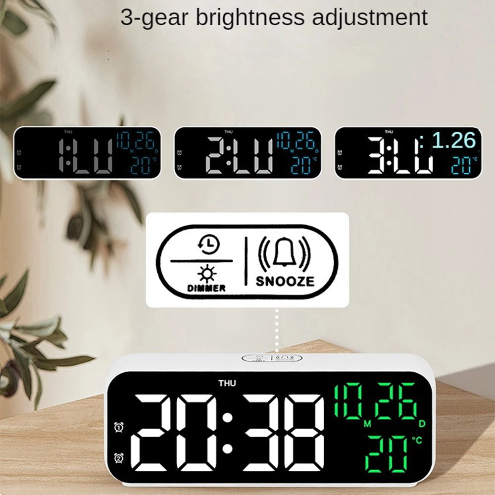 Digital Alarm Clock – Voice Control, Temperature & Date Display, 3 Brightness Levels, USB