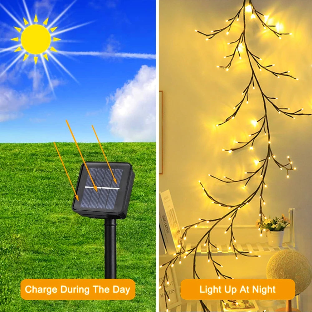 Warm White LED Willow Vine Lights – USB or Solar, 72/96 LEDs
