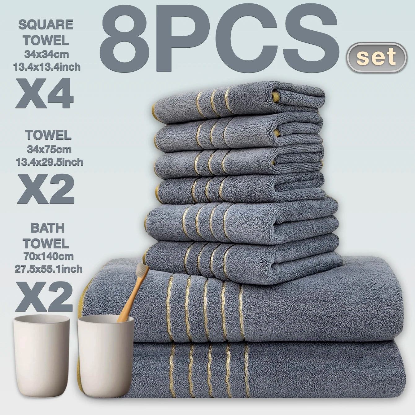 Premium Bath Towel Set – Soft & Absorbent, White, Grey & Dark Blue, 2/3/6/8 Pcs