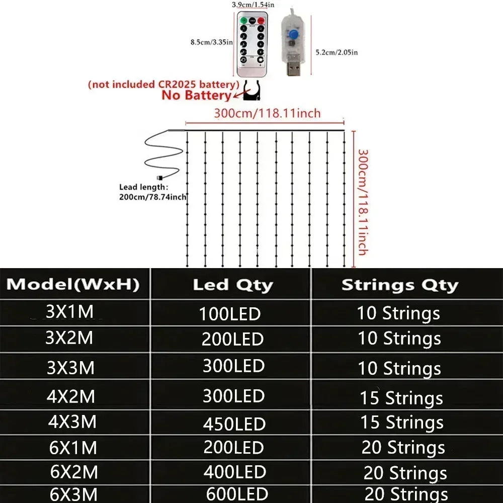 USB LED Curtain Lights with Remote – 100–600 LEDs