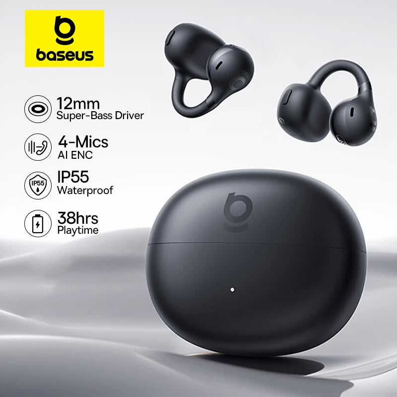 Baseus Bass BC1 Open-Ear Clip-On Earbuds – Bluetooth 6.0, 38H Battery, IP55